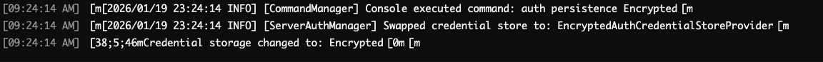 Console confirmation that credential storage changed to Encrypted
