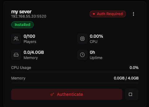 Server showing Auth Required status with Authenticate button
