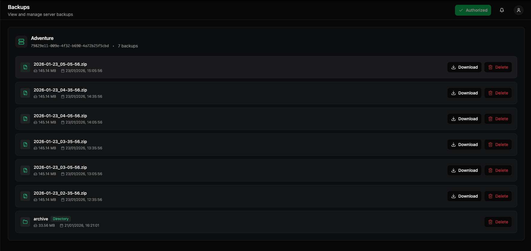 Backups page showing server backups with download and delete options