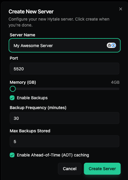 Create New Server modal with configuration options