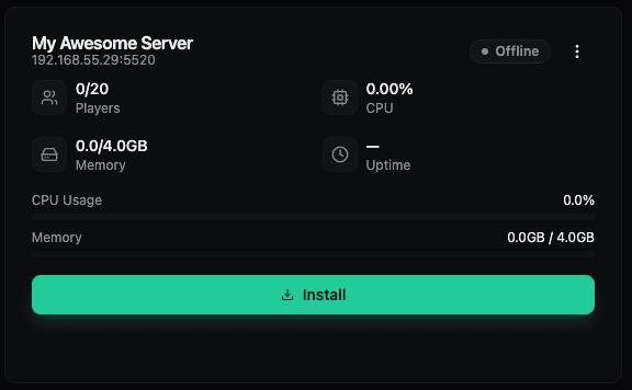 Server card with Install button — install the server after it's created