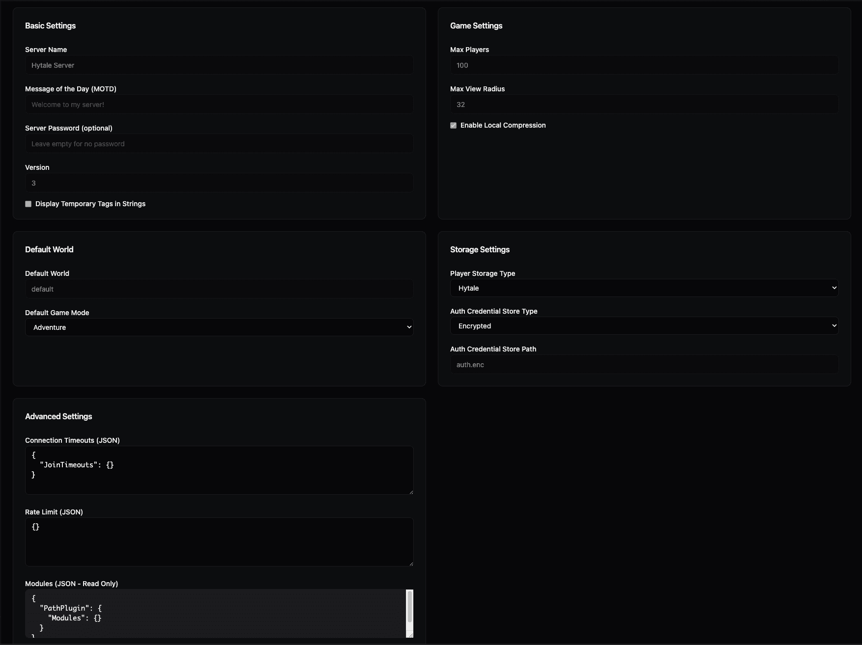 Server Configuration tab with all settings sections
