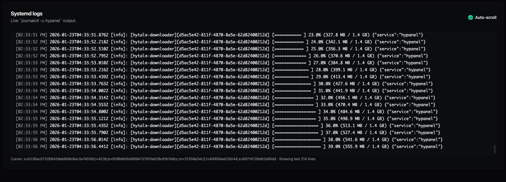 Systemd logs showing server download progress