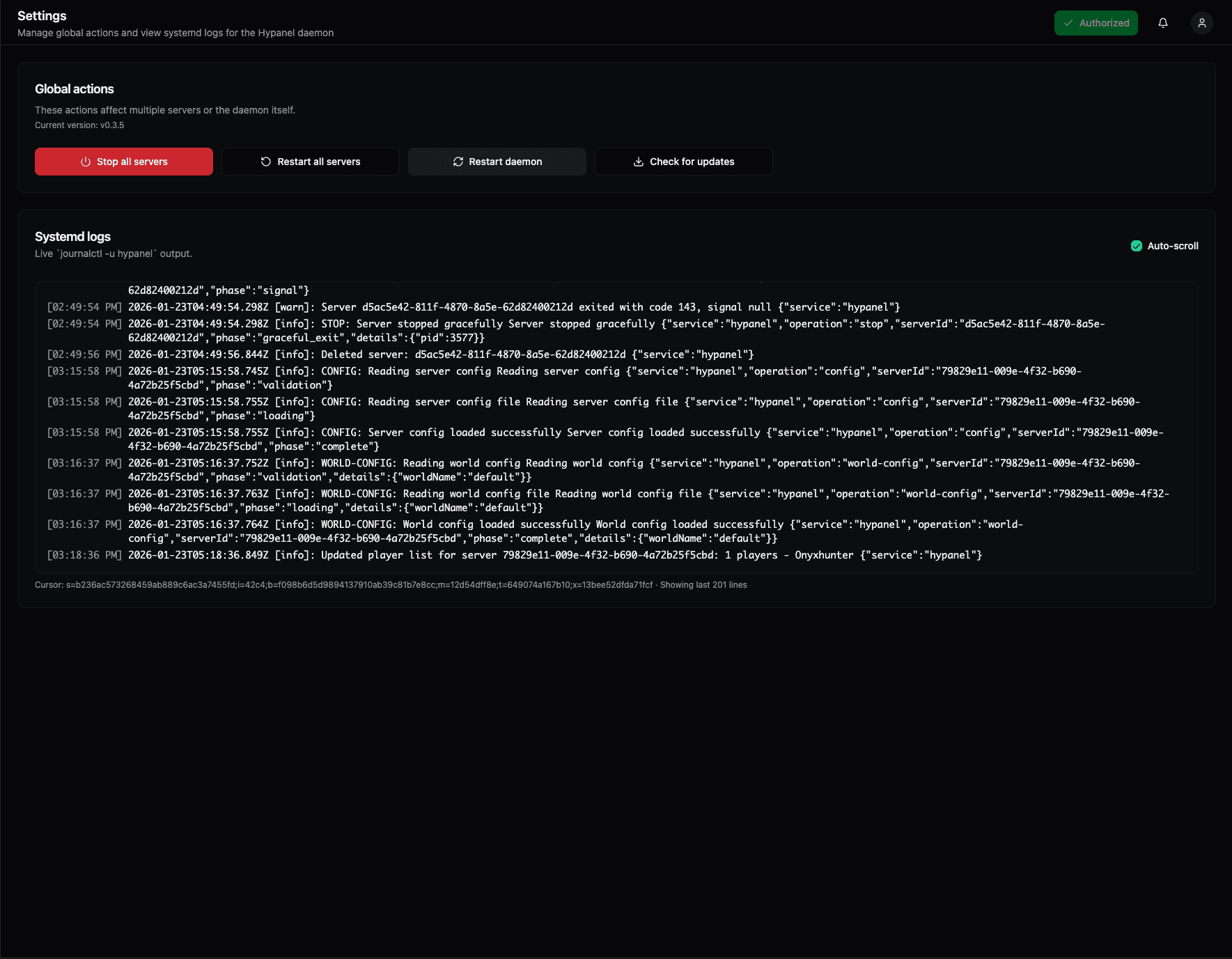 Settings page with global actions and systemd logs