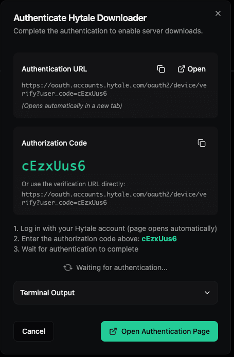 Authenticate Hytale Downloader fallback modal