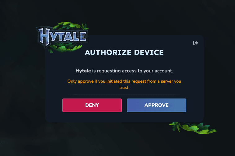Hytale "Authorize Device" prompt in a new tab