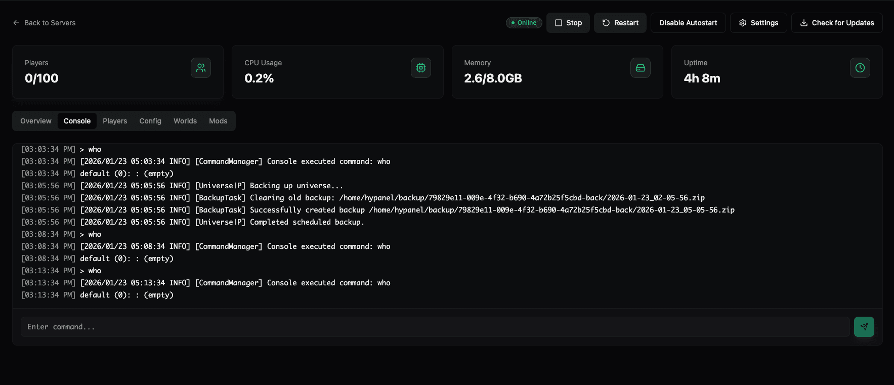 Server Console tab with logs and command input