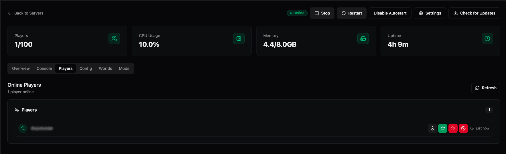 Players tab showing online players and management options