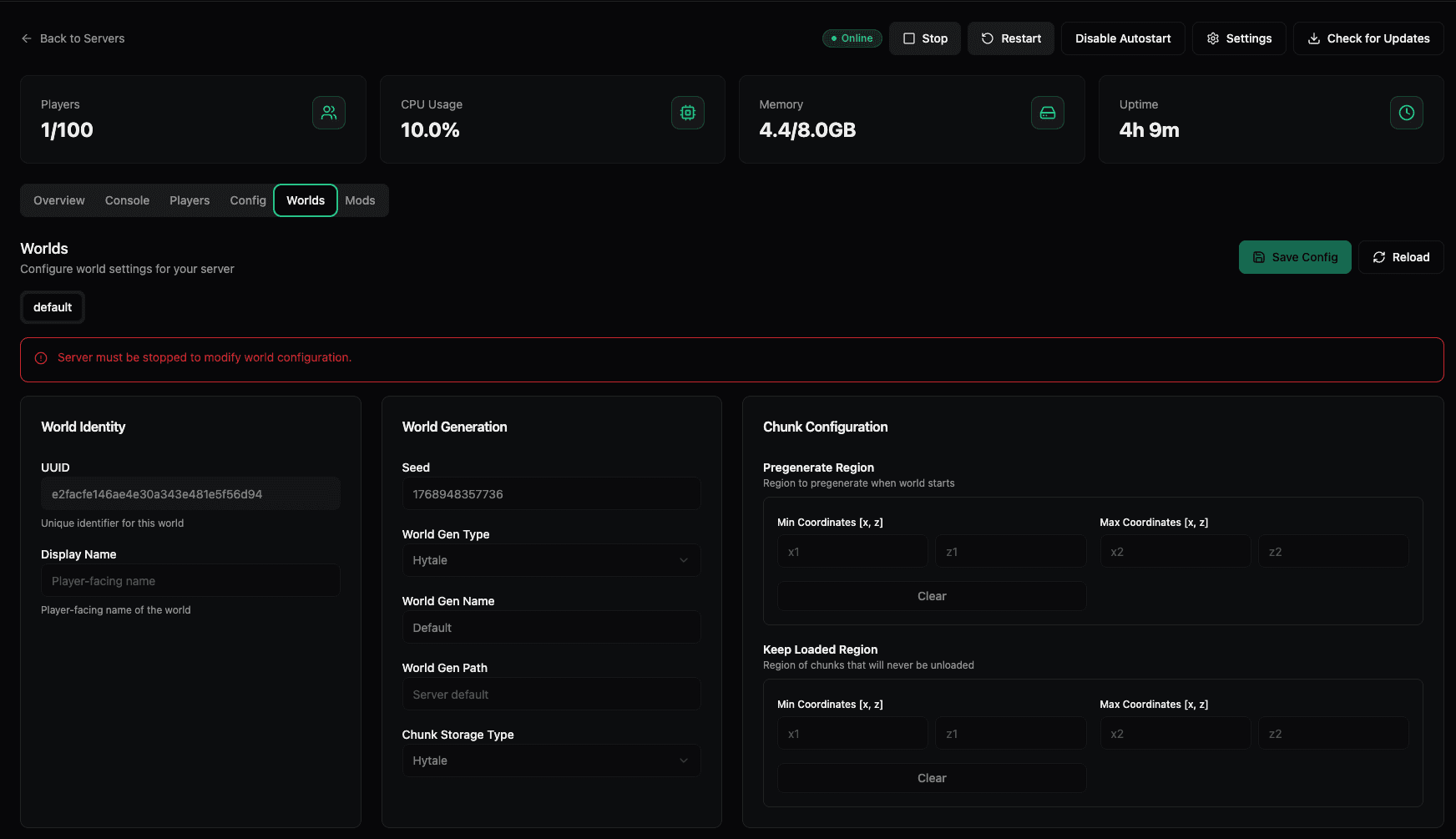 Worlds tab showing world selection and basic configuration