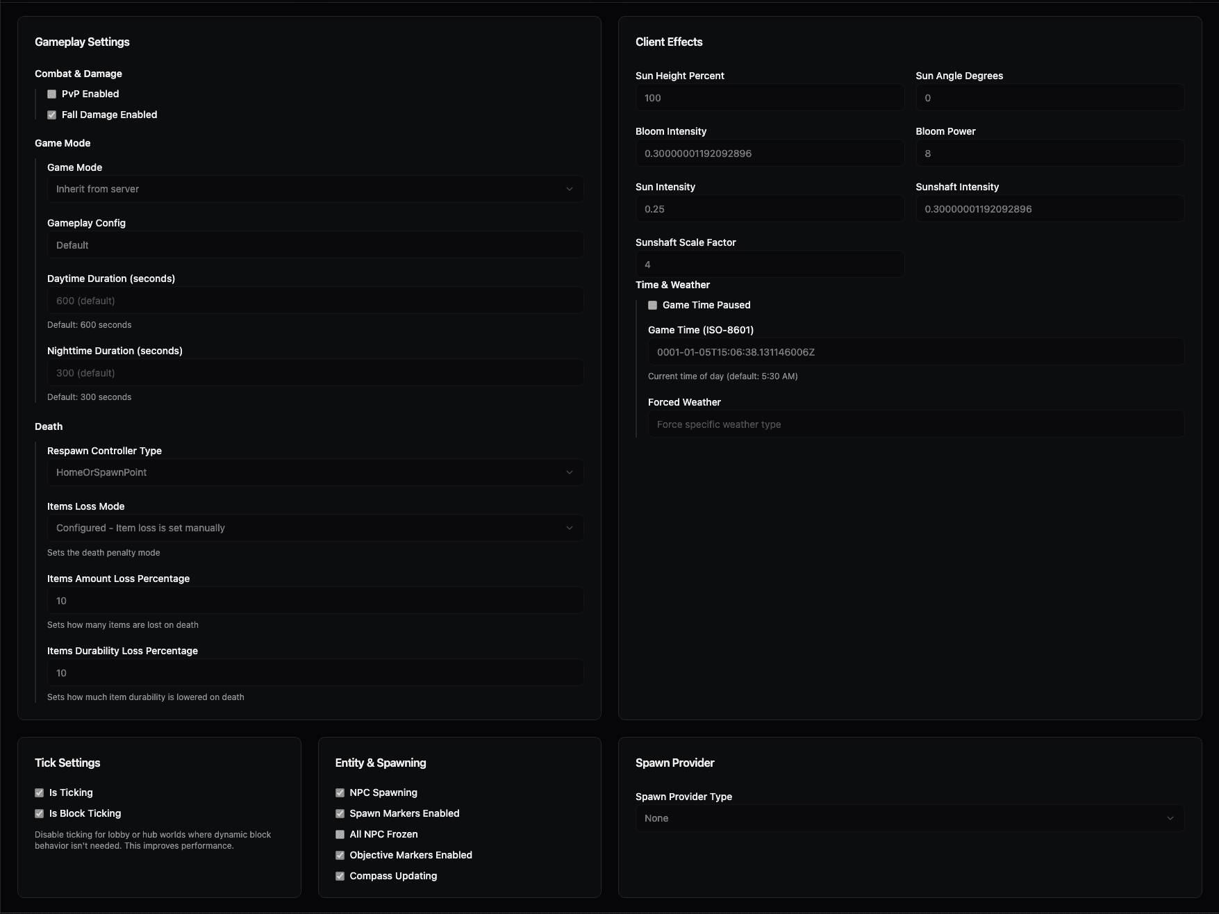 Detailed world configuration with gameplay, effects, and advanced settings